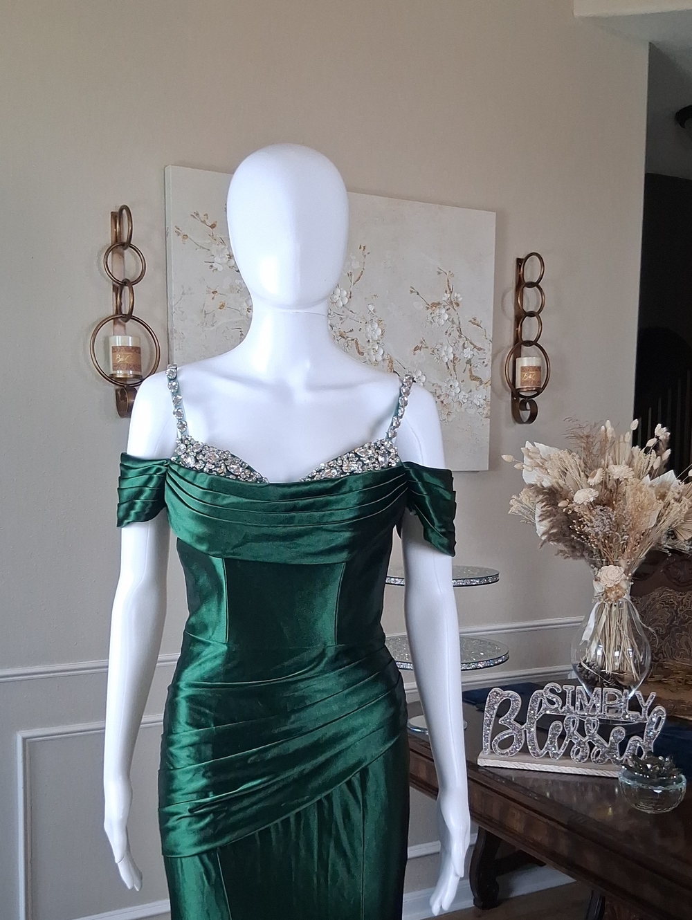 Women's Formal Glam Green Cowl Neck Sweep Train Gown Crystals Straps Small - Picture 9 of 16
